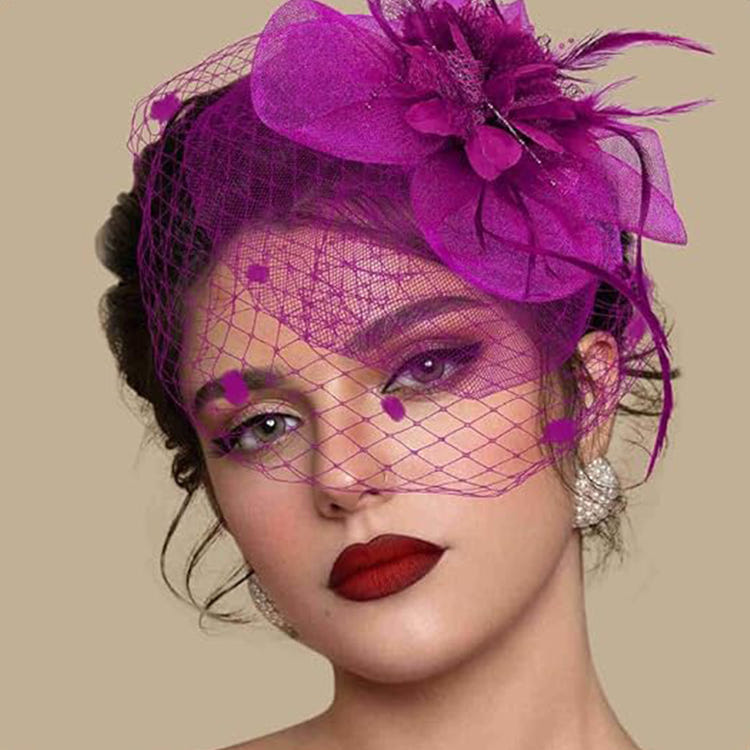 Vintage Birdcage Veil Fascinator Hat With Fabric Flower & Feather For Women Tea Party Wedding