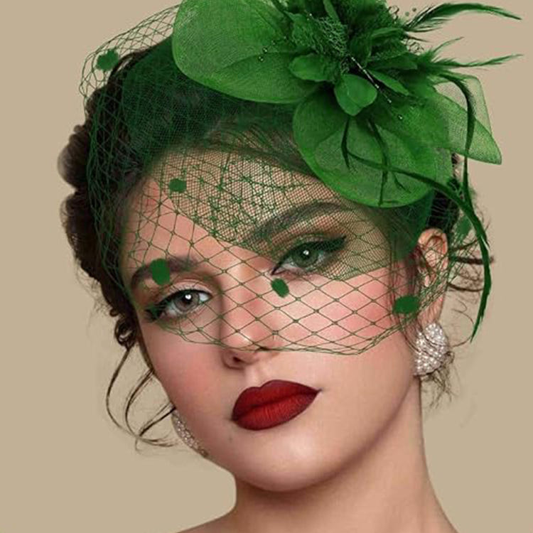 Vintage Birdcage Veil Fascinator Hat With Fabric Flower & Feather For Women Tea Party Wedding
