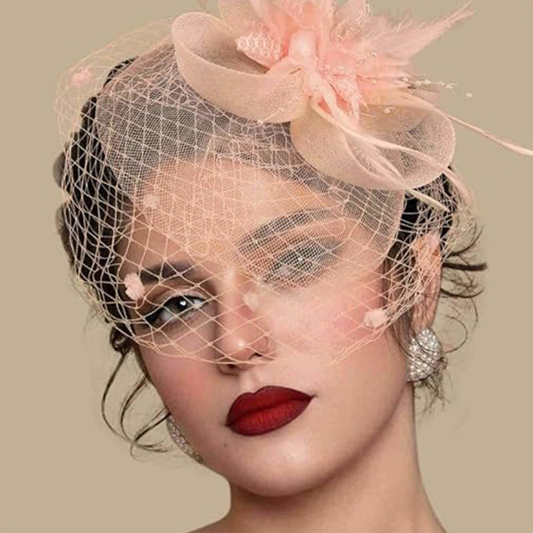 Vintage Birdcage Veil Fascinator Hat With Fabric Flower & Feather For Women Tea Party Wedding