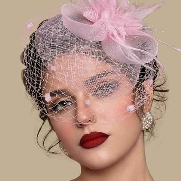 Vintage Birdcage Veil Fascinator Hat With Fabric Flower & Feather For Women Tea Party Wedding