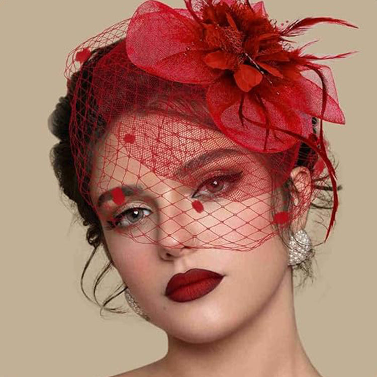 Vintage Birdcage Veil Fascinator Hat With Fabric Flower & Feather For Women Tea Party Wedding