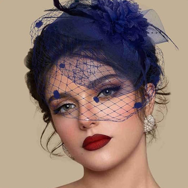 Vintage Birdcage Veil Fascinator Hat With Fabric Flower & Feather For Women Tea Party Wedding