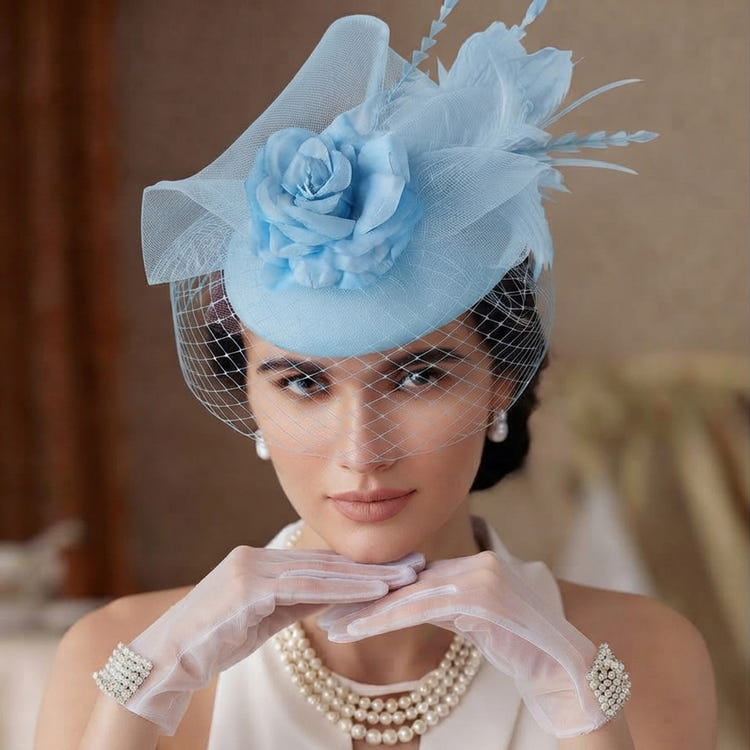 Vintage Birdcage Veil Fascinator Hat With Fabric Flower & Feather For Women Tea Party Wedding