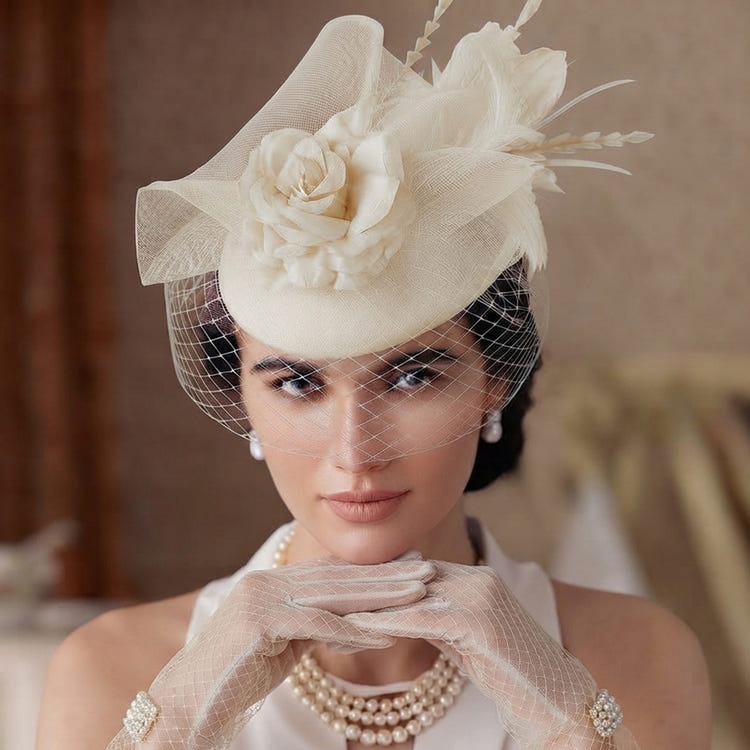 Vintage Birdcage Veil Fascinator Hat With Fabric Flower & Feather For Women Tea Party Wedding