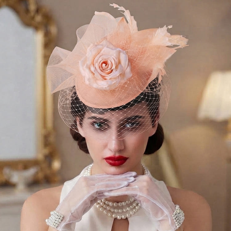 Vintage Birdcage Veil Fascinator Hat With Fabric Flower & Feather For Women Tea Party Wedding