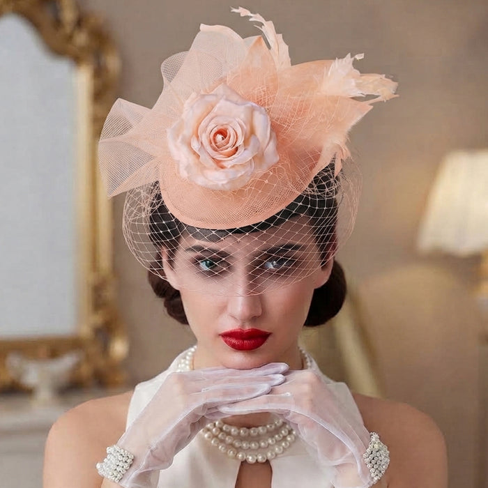 Vintage Birdcage Veil Fascinator Hat With Fabric Flower & Feather For Women Tea Party Wedding