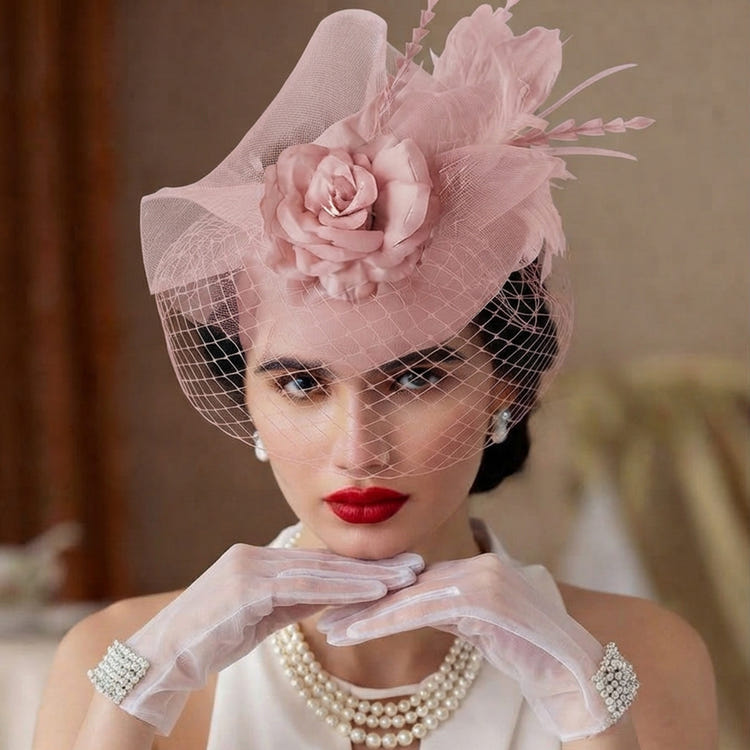 Vintage Birdcage Veil Fascinator Hat With Fabric Flower & Feather For Women Tea Party Wedding