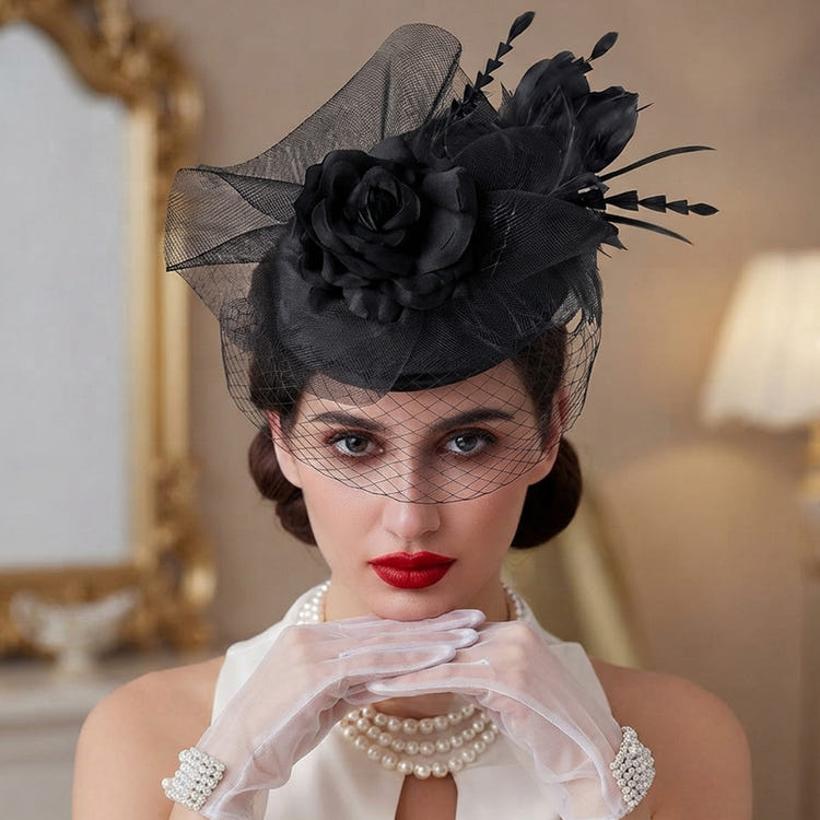 Vintage Birdcage Veil Fascinator Hat With Fabric Flower & Feather For Women Tea Party Wedding