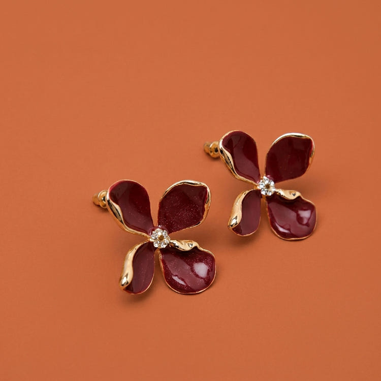 Burgundy Enamel Flower Stud Earrings Gold Trim Rhinestone Floral Earrings For Formal Party