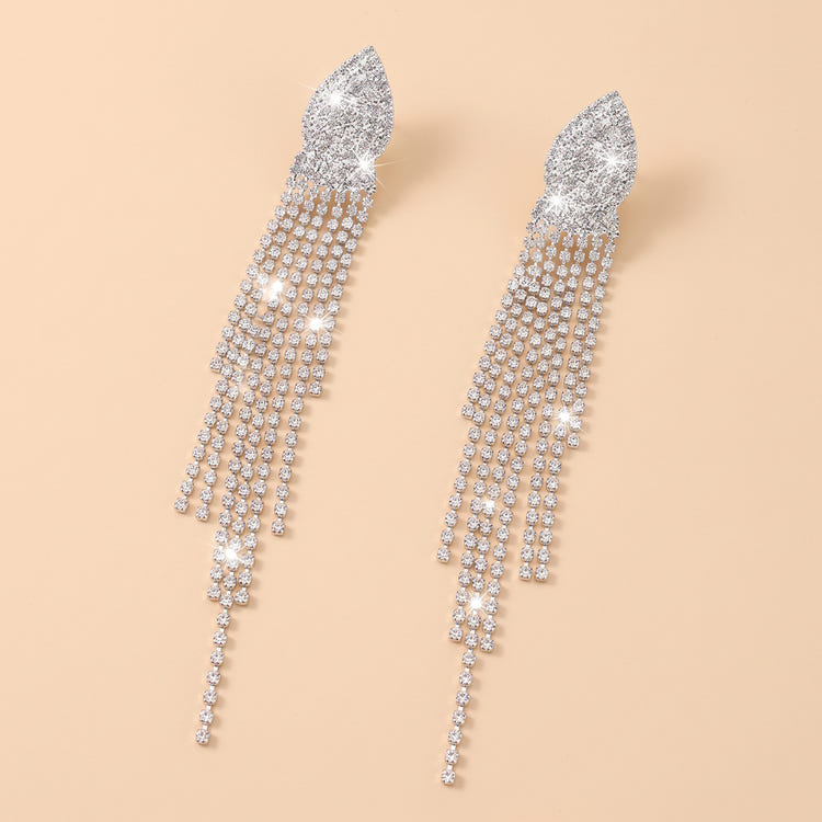 Silver Rhinestone Long Tassel Drop Earrings Teardrop Crystal Fringe Dangle Earrings For Evening Party