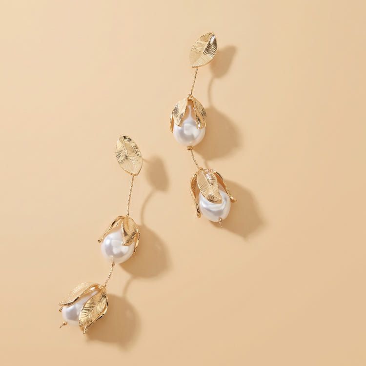 Gold Metal Leaf Imitation Pearl Long Drop Earrings For Wedding Evening Party