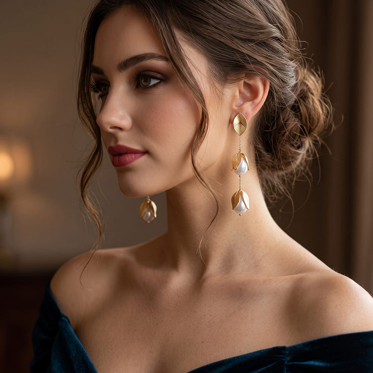 Gold Metal Leaf Imitation Pearl Long Drop Earrings For Wedding Evening Party