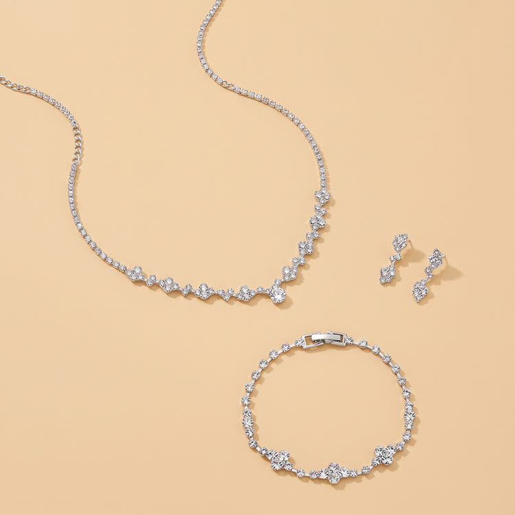 Silver Tone Floral Rhinestone Jewelry Set For Wedding Evening Party