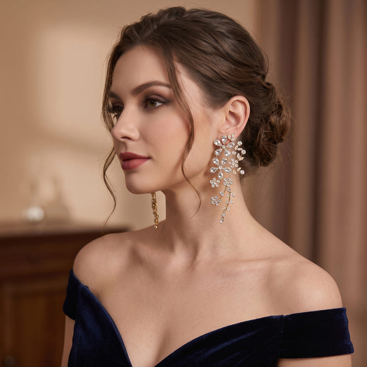 Gold Tone Teardrop Rhinestone Floral Long Dangle Earrings For Wedding Evening Party