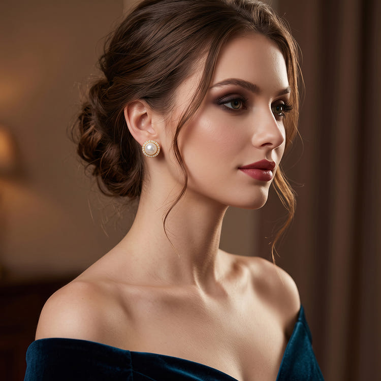 Gold Tone Halo Rhinestone Imitation Pearl Stud Earrings For Wedding Evening Party