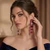 Gold Tone Fuchsia Multi Shape Rhinestone Long Drop Earrings For Wedding Evening Party