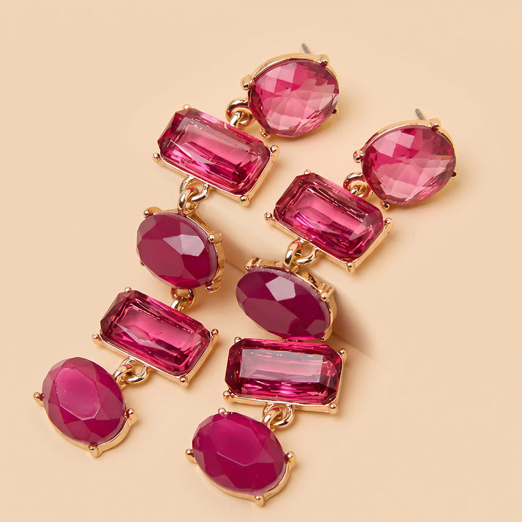 Gold Tone Fuchsia Multi Shape Rhinestone Long Drop Earrings For Wedding Evening Party