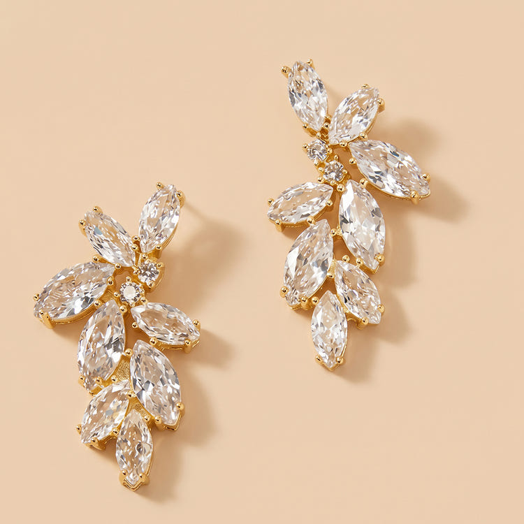 Gold Tone Marquise Rhinestone Floral Long Drop Earrings For Wedding Evening Party