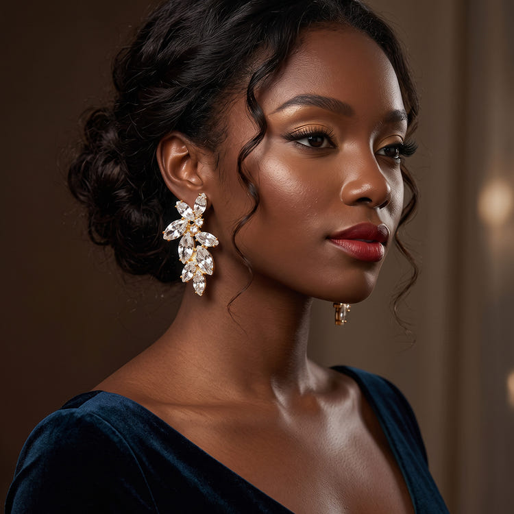Gold Tone Marquise Rhinestone Floral Long Drop Earrings For Wedding Evening Party