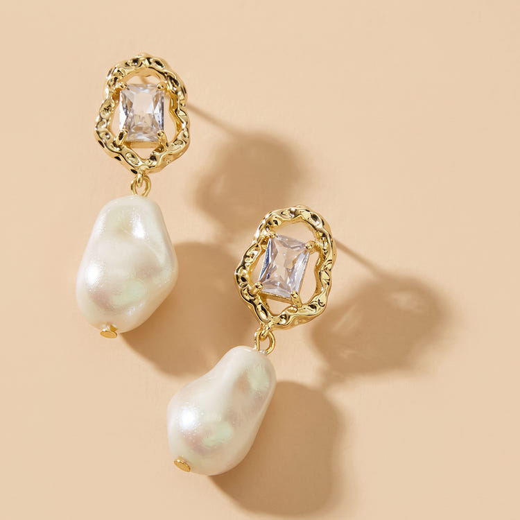Gold Tone Rhinestone Baroque Imitation Pearl Drop Earrings For Wedding Evening Party