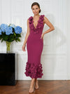 Jersey Bodycon V Neck Cocktail Dresses with 3D Flowers