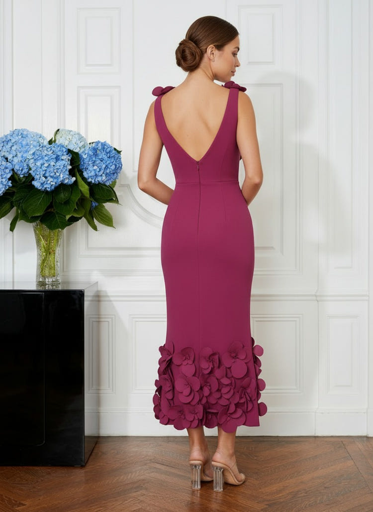 Jersey Bodycon V Neck Cocktail Dresses with 3D Flowers