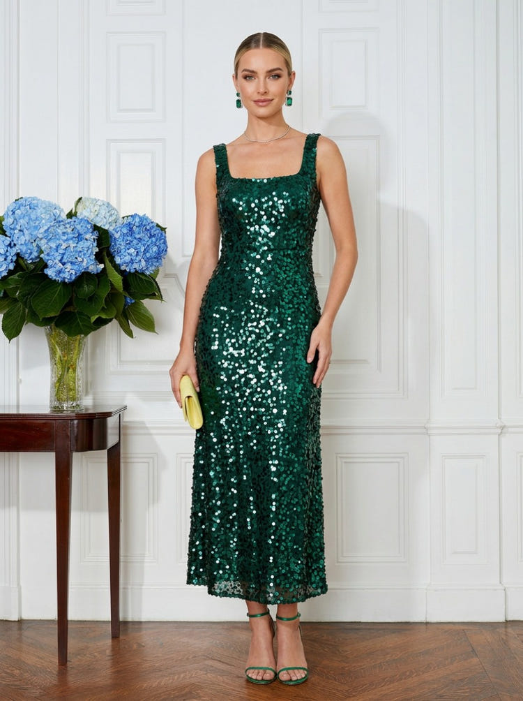Sequin A-Line Square Neck Glitter Cocktail Dresses