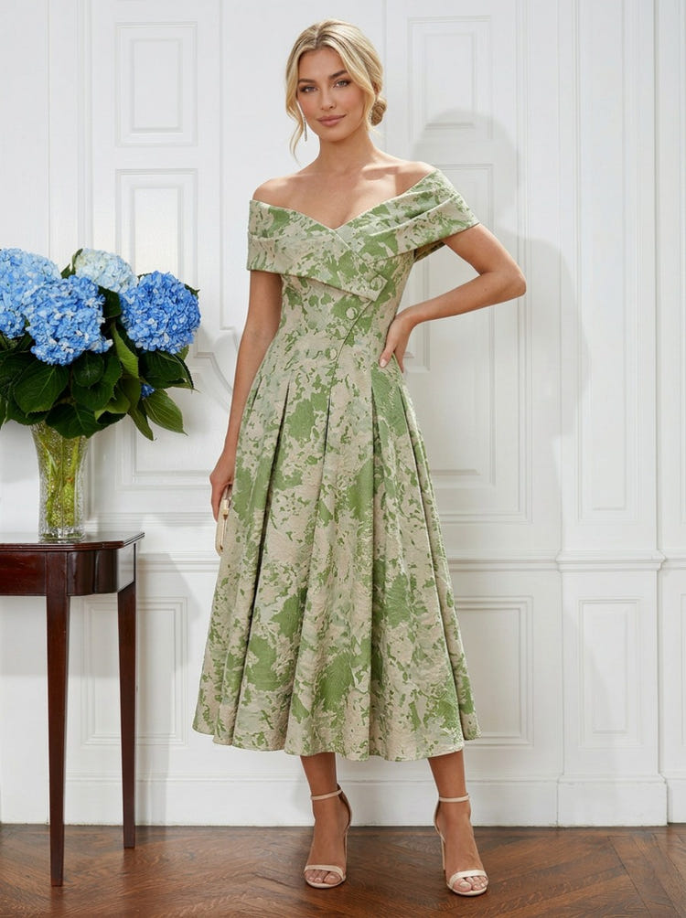Jacquard A-Line Off the Shoulder Pleated Cocktail Dresses