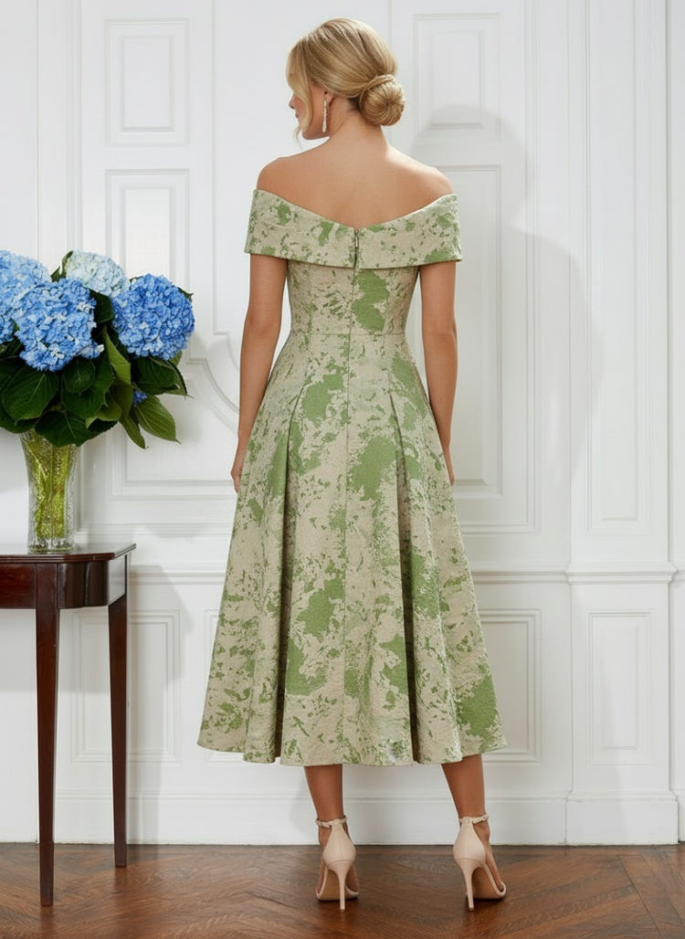 Jacquard A-Line Off the Shoulder Pleated Cocktail Dresses