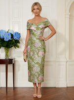 Jacquard Sheath Off the Shoulder Cocktail Dresses with Button