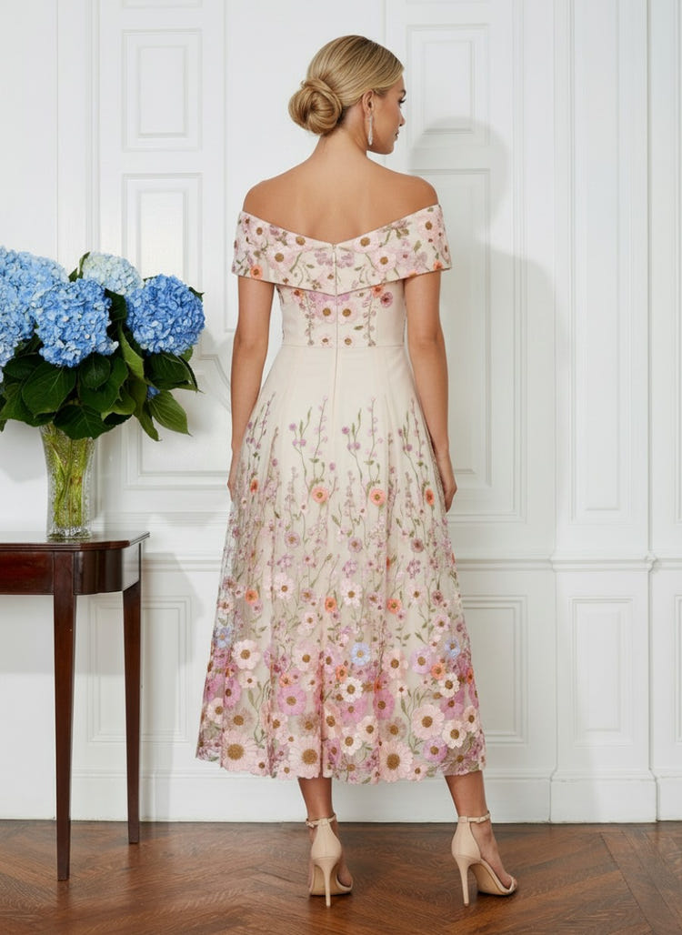 Jacquard A-Line Off the Shoulder Cocktail Dresses with Floral Embroidery