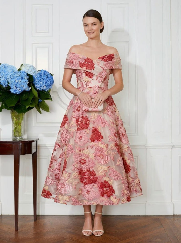 Jacquard Off the Shoulder Cocktail Dresses with Floral Embroidery