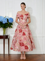 Jacquard Off the Shoulder Cocktail Dresses with Floral Embroidery