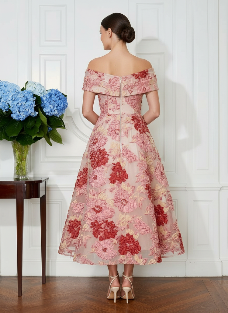 Jacquard Off the Shoulder Cocktail Dresses with Floral Embroidery