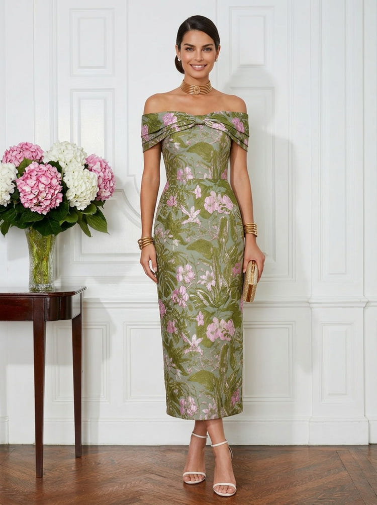 Jacquard Sheath Off the Shoulder Pleated Cocktail Dresses