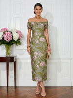 Jacquard Sheath Off the Shoulder Pleated Cocktail Dresses