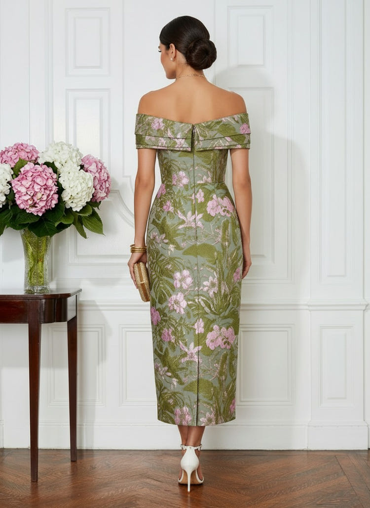 Jacquard Sheath Off the Shoulder Pleated Cocktail Dresses