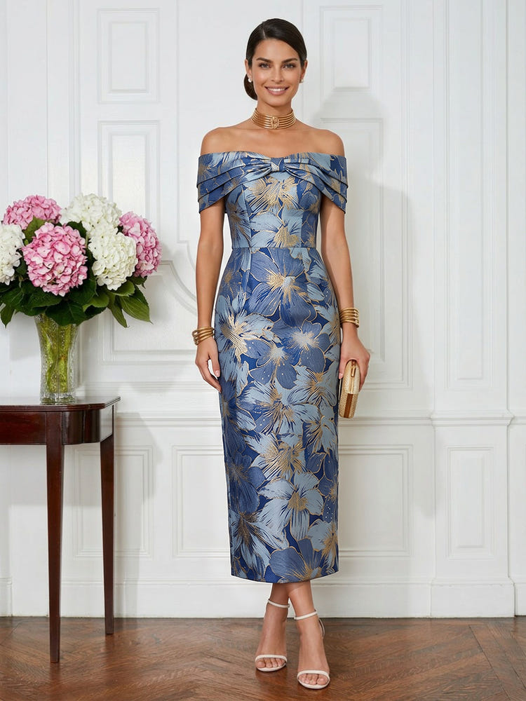 Jacquard Sheath Off the Shoulder Pleated Cocktail Dresses
