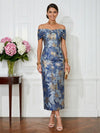 Jacquard Sheath Off the Shoulder Pleated Cocktail Dresses