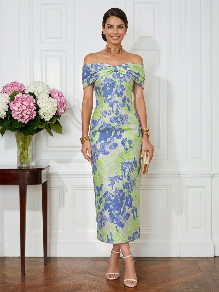 Jacquard Sheath Off the Shoulder Pleated Cocktail Dresses