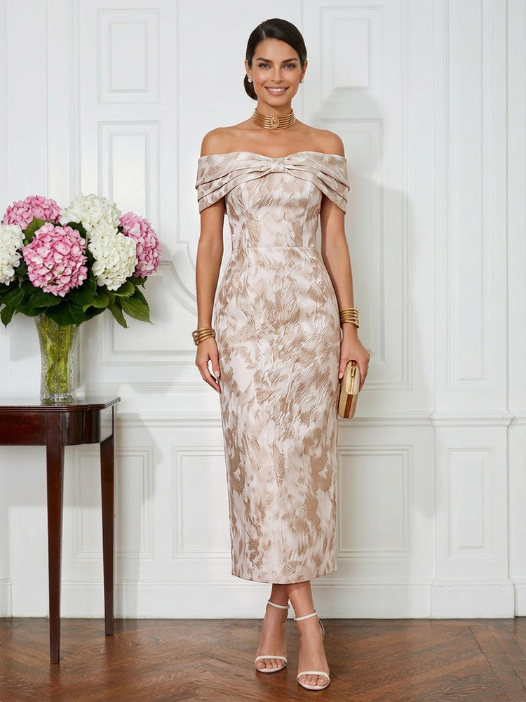 Jacquard Sheath Off the Shoulder Pleated Cocktail Dresses