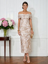 Jacquard Sheath Off the Shoulder Pleated Cocktail Dresses
