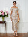 Jacquard Sheath Off the Shoulder Pleated Cocktail Dresses