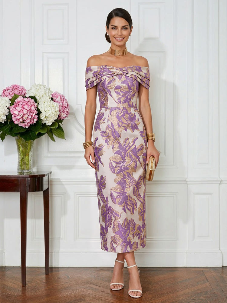 Jacquard Sheath Off the Shoulder Pleated Cocktail Dresses
