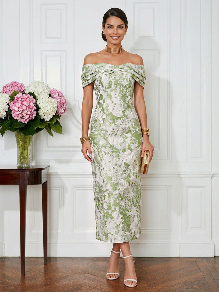 Jacquard Sheath Off the Shoulder Pleated Cocktail Dresses