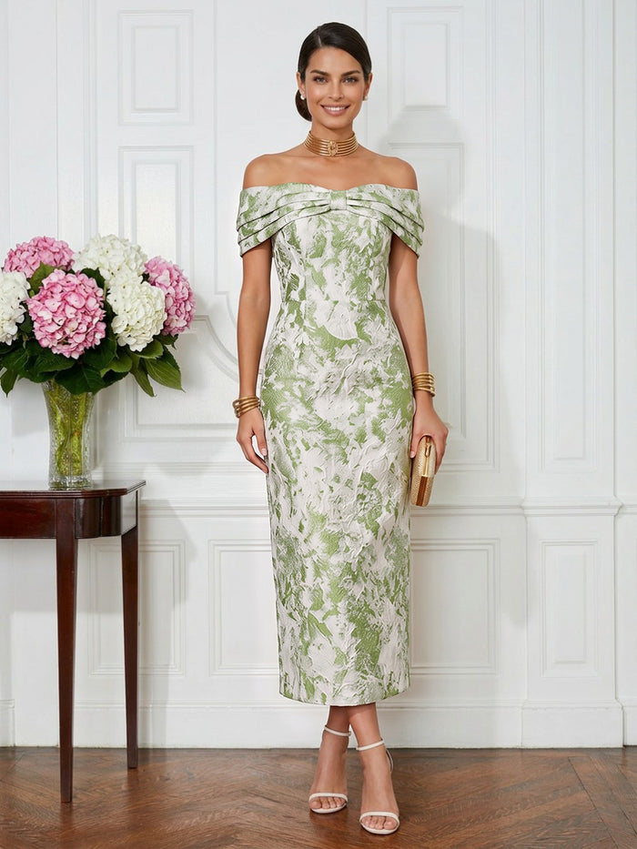 Jacquard Sheath Off the Shoulder Pleated Cocktail Dresses