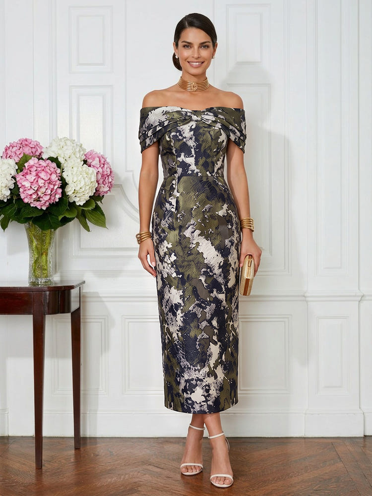 Jacquard Sheath Off the Shoulder Pleated Cocktail Dresses