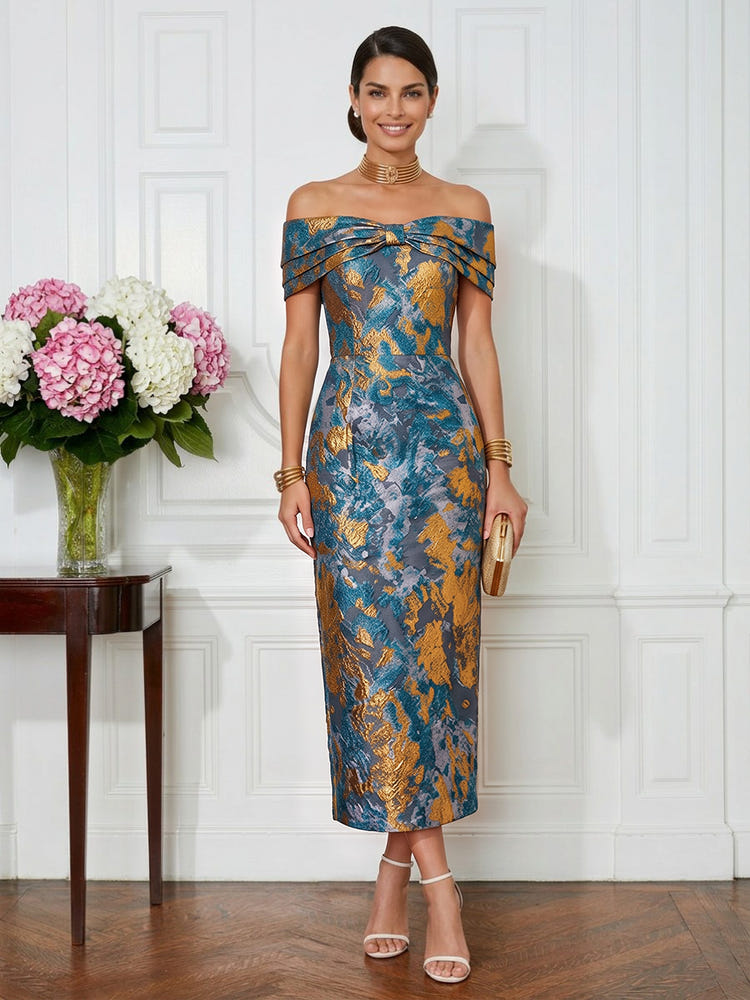 Jacquard Sheath Off the Shoulder Pleated Cocktail Dresses