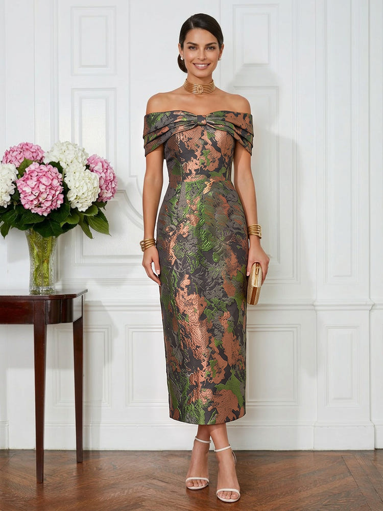 Jacquard Sheath Off the Shoulder Pleated Cocktail Dresses