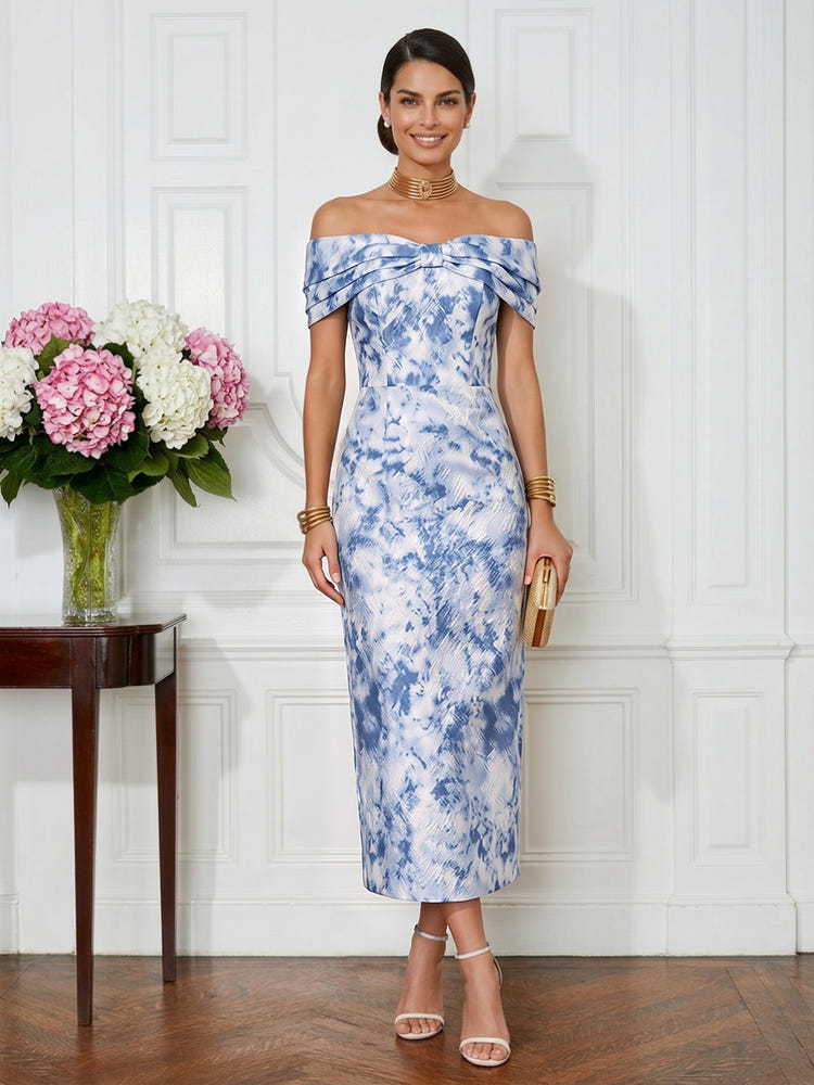 Jacquard Sheath Off the Shoulder Pleated Cocktail Dresses